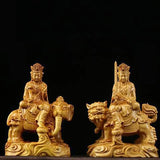 Boxwood Ornament Manjusri Samantabhadra Bodhisattva Statues Sculpture Decor Living Room Gift