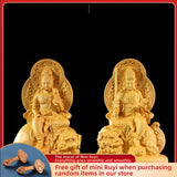 Cliff Cypress Wood Carving Manjusri Samantabhadra Bodhisattva Patron Saint Hand Carved Artifact Decoration Sculpture Modern Art