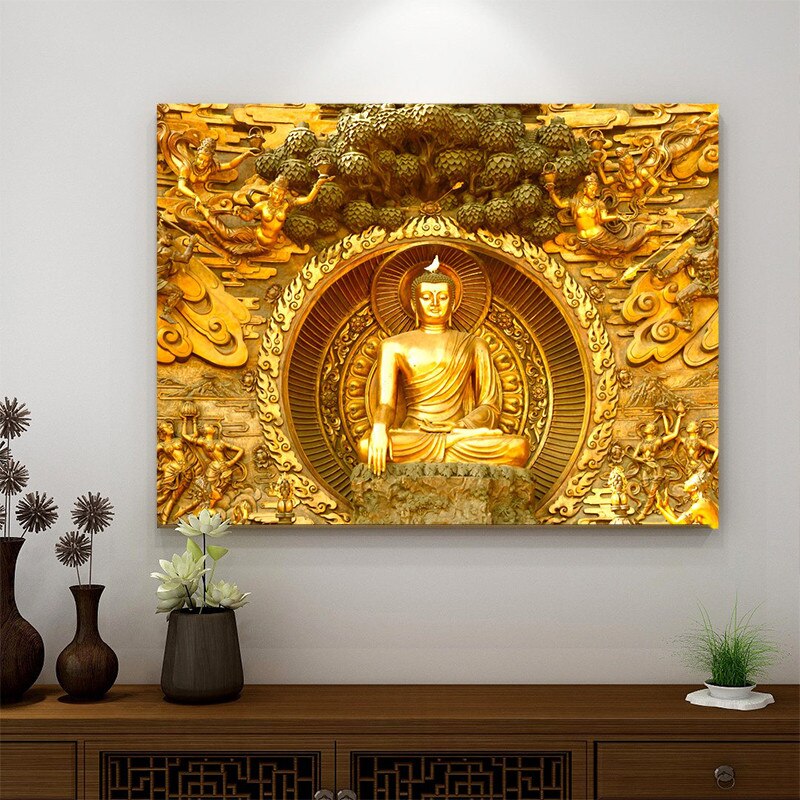 Relief Bouddha. Cadre 1124 dorée. Dimensions: 49x43 cm - Décoration