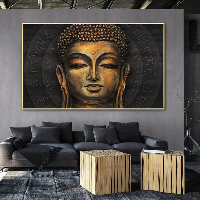 Peinture - Bouddha - Dans un cadre, Argent/ Oranje, 5 panneaux, impression  premium sur